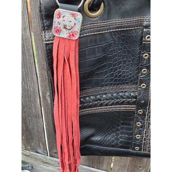Handmade boho Pitbull lover Leather Fringe Western bag charm fringe keychain - Picture 3 of 3